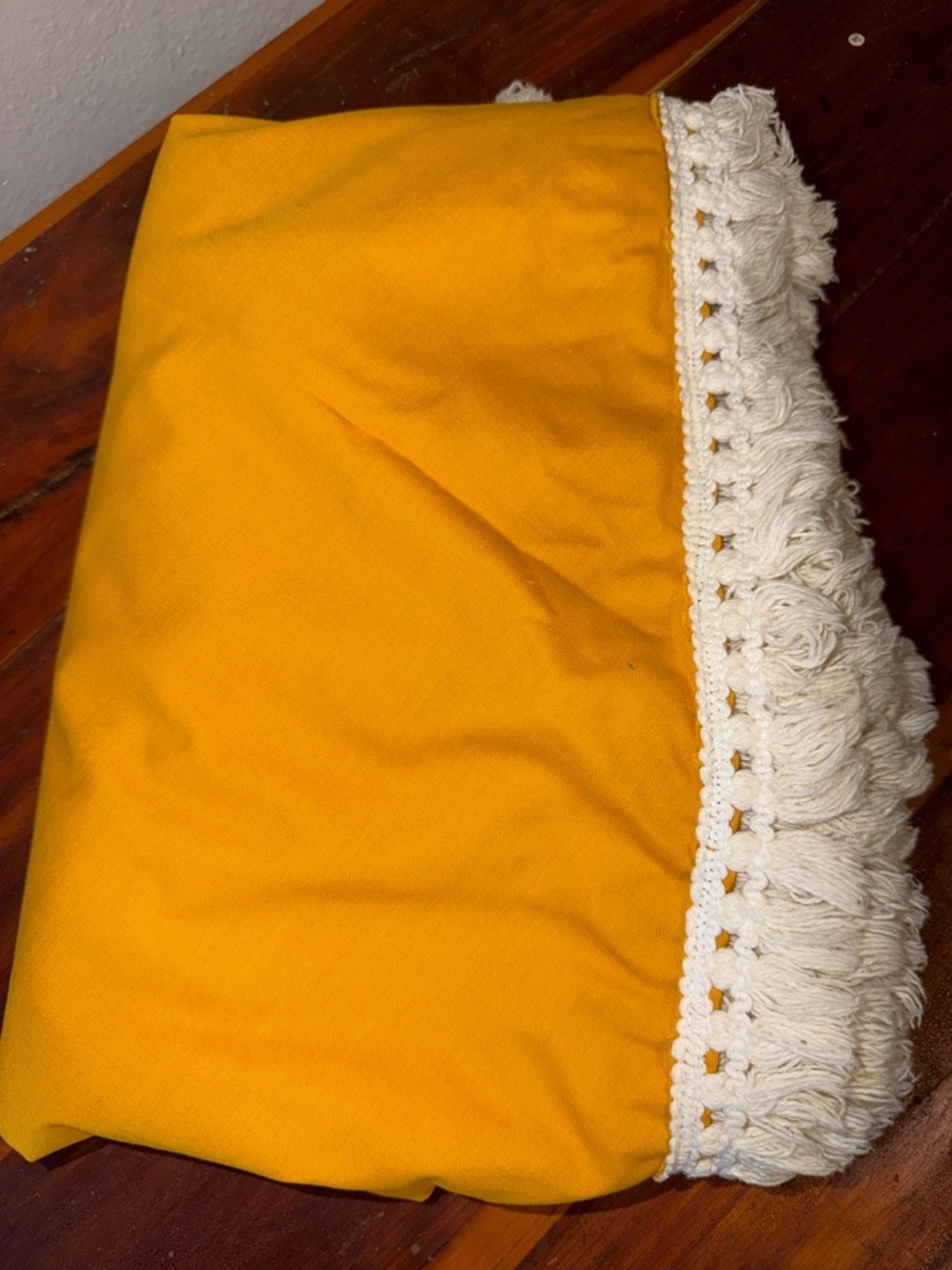 Vintage 70s Tablecloth Large Lace Edges Flowers Mustard Yellow Orange